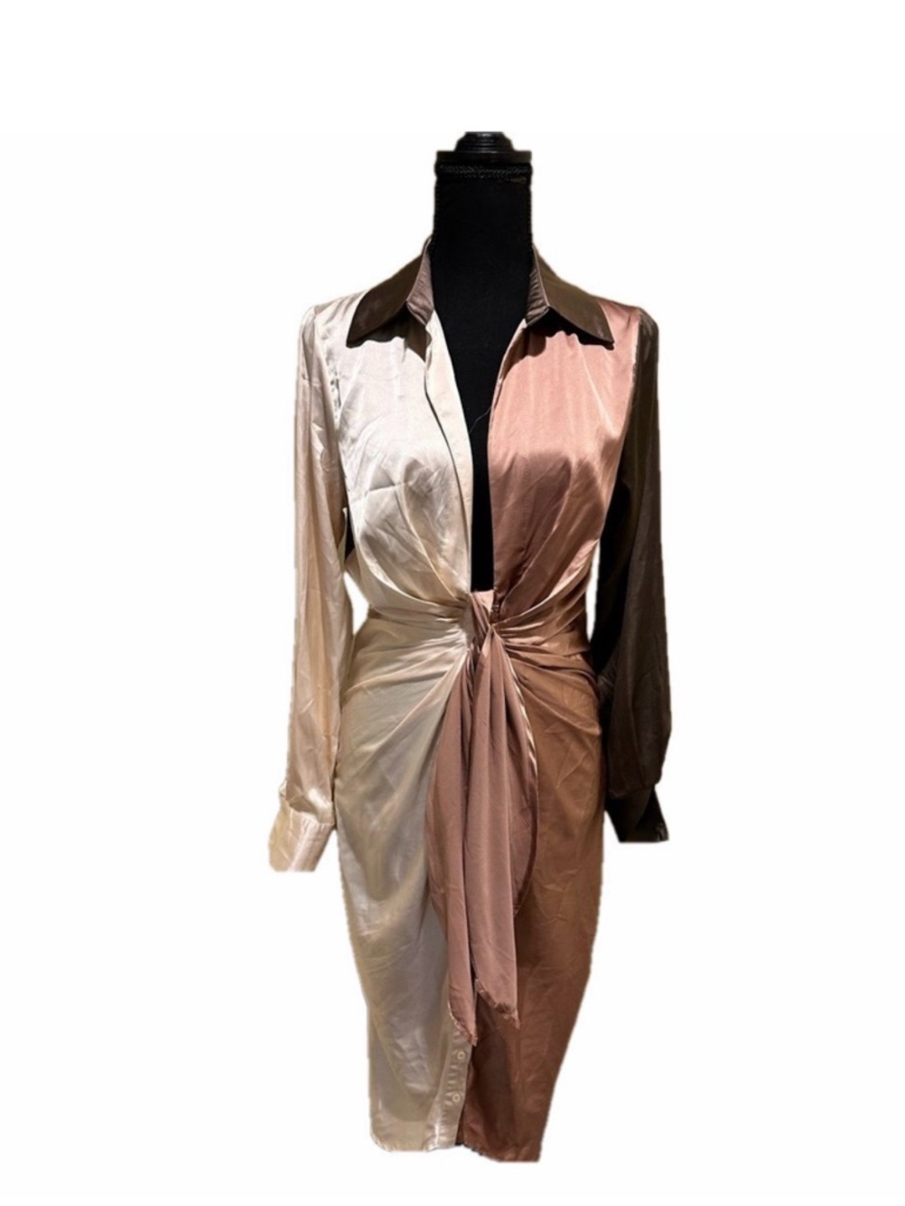 HERS & MINE BROWN COLOR BLOCK LONG SLEEVE CENTER TIE RUNCHED MIDI DRESS